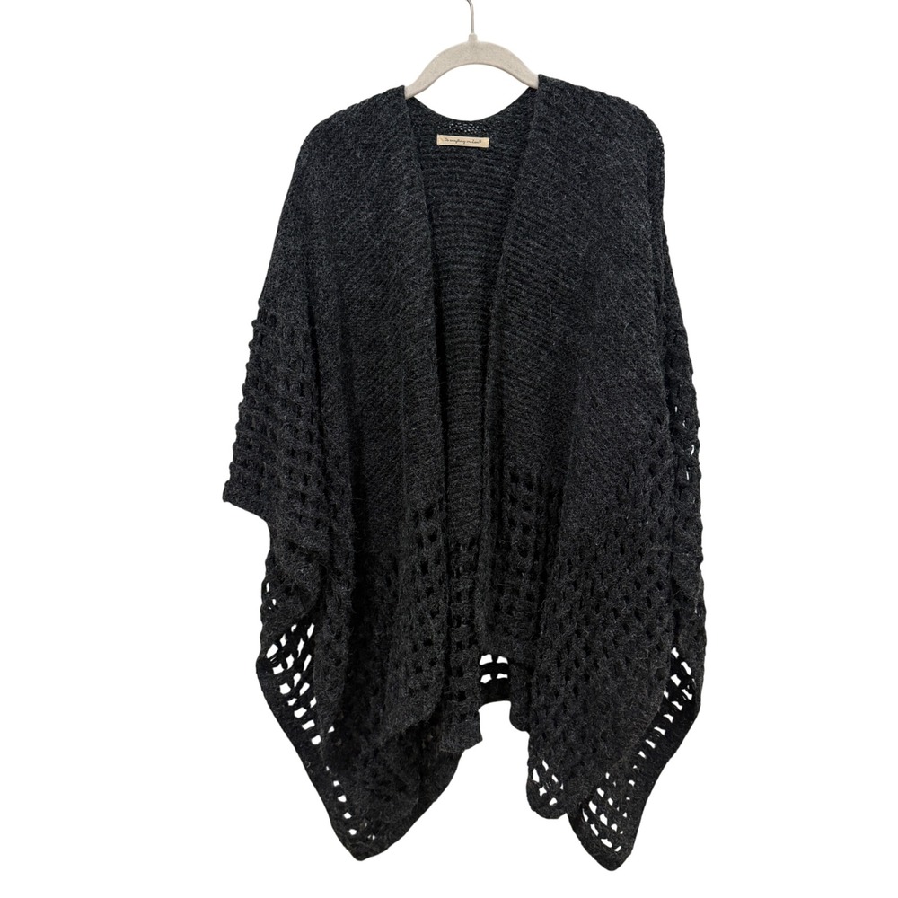 Do Everything in Love Charcoal Grey Knit Crochet Lattice Open Front Poncho Wrap
